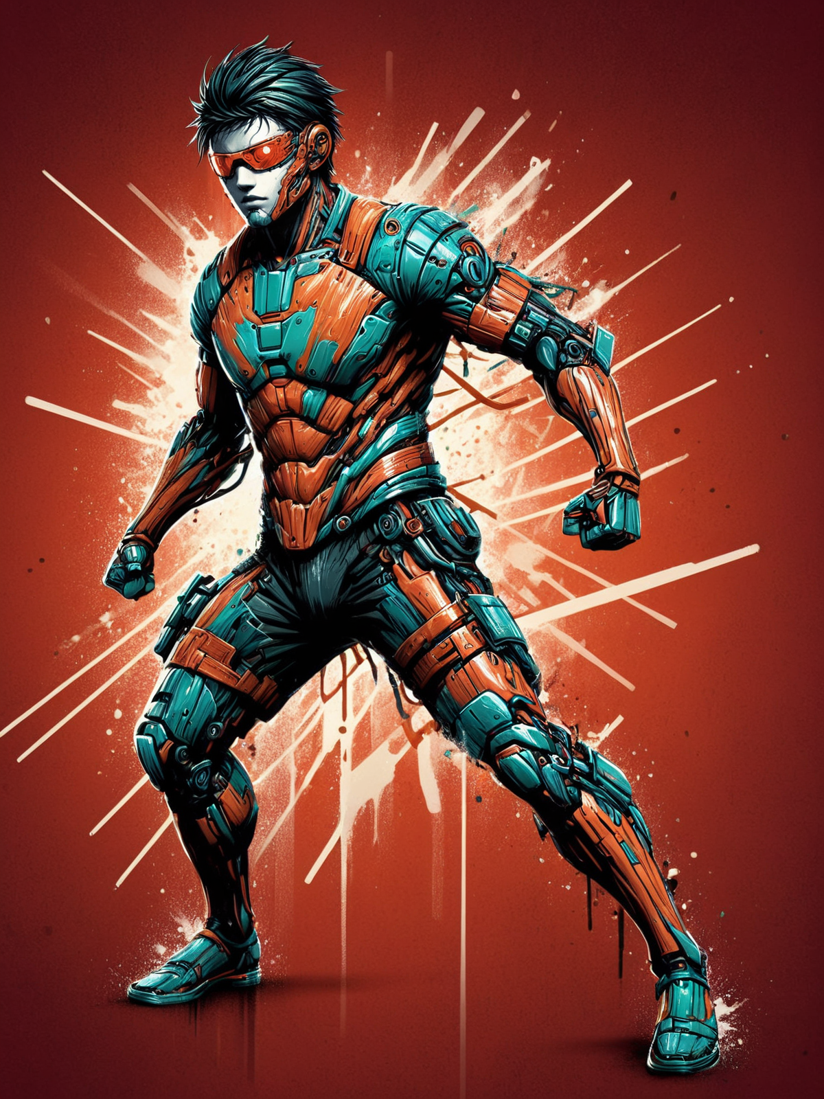 man, mad-cbrpnksplshrt, dynamic pose<lora:Splash_Art_SDXL:1.2> striped background, red background, (masterpiece:1.2), best quality