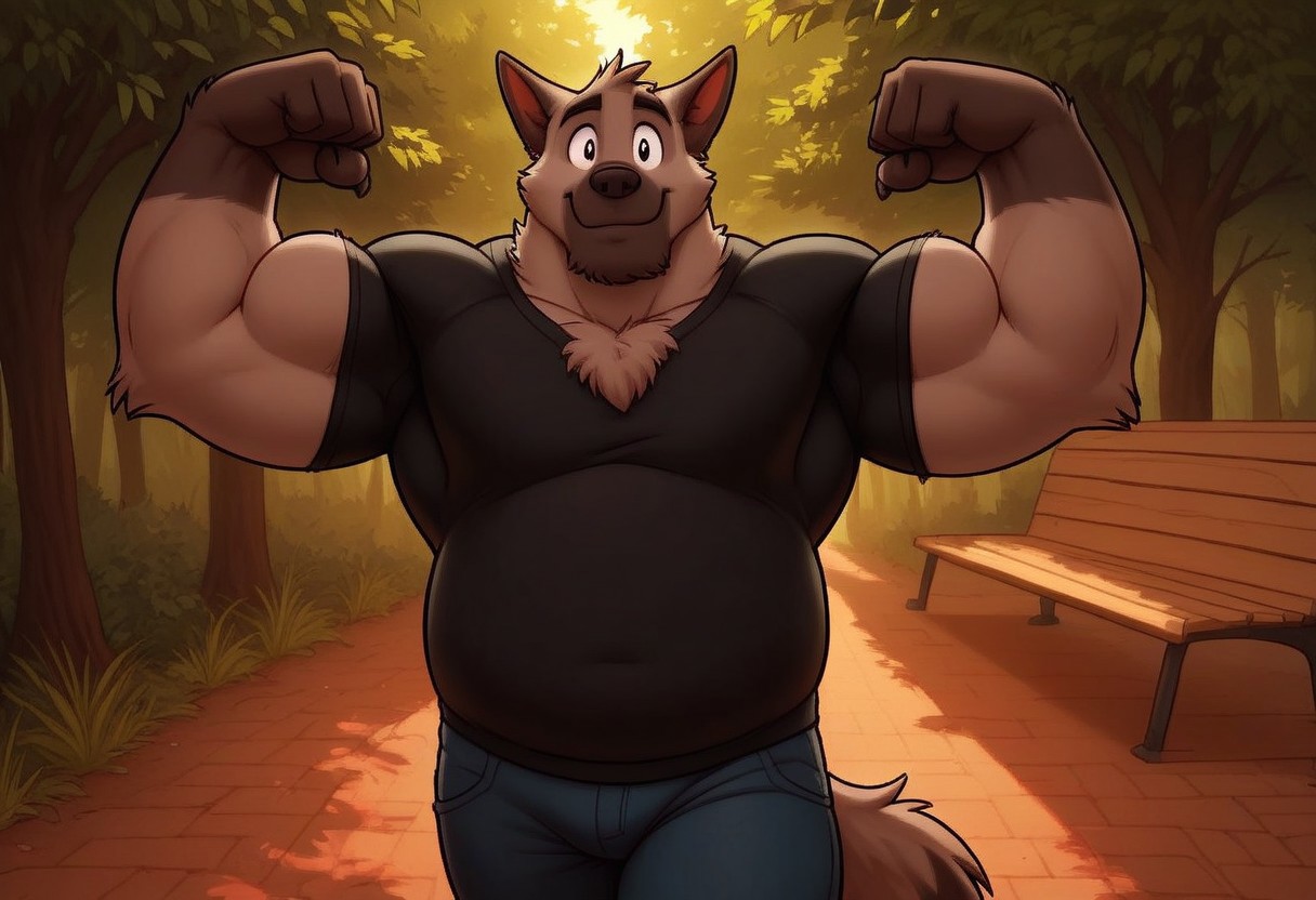 score_7, score_8, score_9, dynamic lighting, detailed background, background is park, trees, walking path, benches, sunny, (close up), cowboy shot,
BREAK 
Solo, 1 male, single male, anthro, furry male, male wolf, Doug, grey fur, animal nose, black eyes, black hands, black feet, feet claws, chest fur tuft, black wolf tail, pointy ears, chubby, tall, big hands,
BREAK 
standing, looking at viewer, smiling, shy, jeans, black t shirt, flexing muscles, flexing arms, flexing biceps