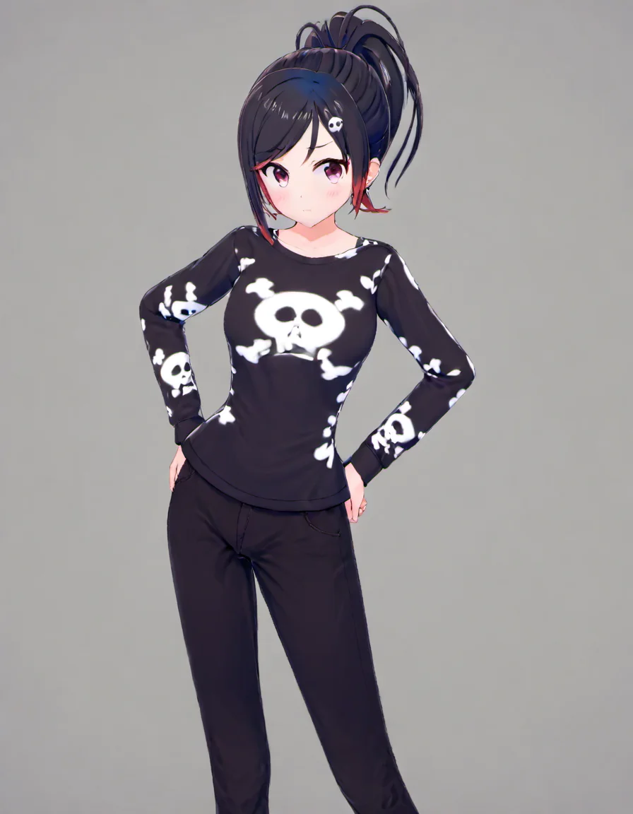 <lora:Rin_Rokuhara:.8>, Rin, 1girl, skull hair ornament, solo, full body, standing,  looking at viewer, ponytail, simple background, grey background, jewelry, earrings, shirt, long hair, bangs, black shirt, print shirt long sleeves