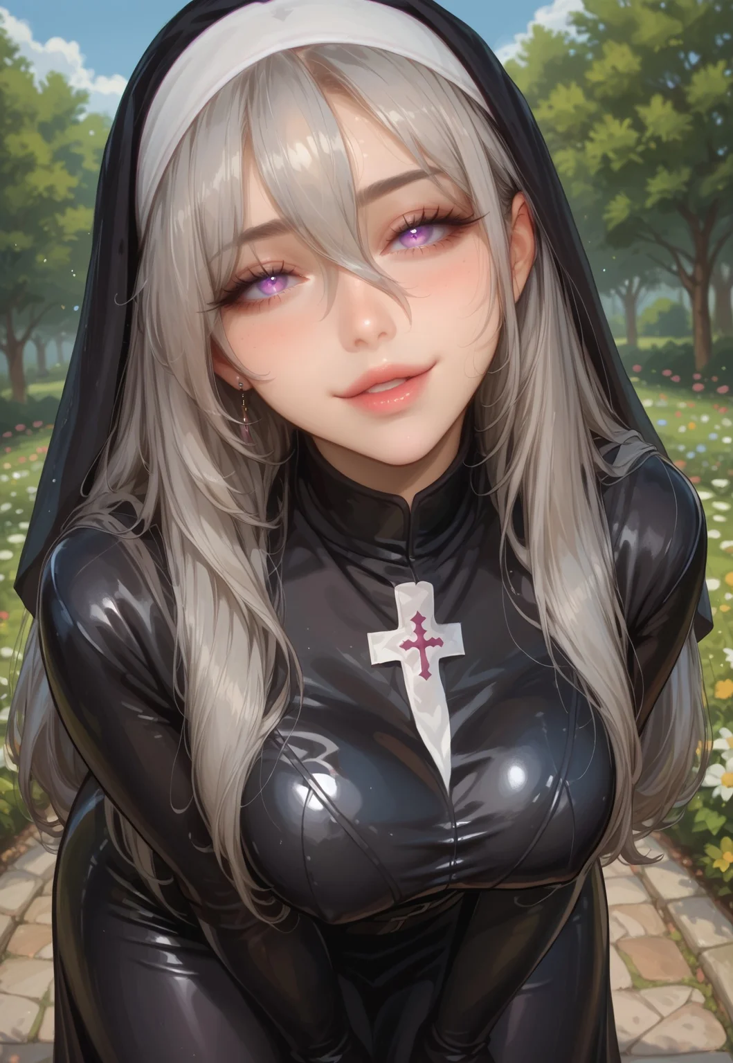 safe_pos, score_9, score_8_up, score_7_up, source_anime, NSFW, (((1girl, solo, female focus))), (best quality, high quality), (((gray hair, long hair, (long sidelocks:1.3), hair between eyes:1.3))), sultry expression, (mature face, milf, 40 years old), (pale skin tone), (petite body, large breasts), (purple eyes, gradient eyes, glowing eyes), sexy lips, perfect lips, defined nose, looking at viewer, open mouth, blushing, seductive look, (((standing, bedroom eyes, slight smile, leaning forward, hand on hair))), (nun,latex,bdsm outfit, long skirt), outdoors, garden, flowers, flower bush, trees, godrays, bloom, (detailed background), high angle view, pov, depth of field,