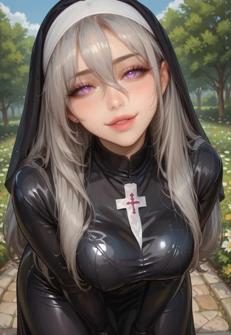 safe_pos, score_9, score_8_up, score_7_up, source_anime, NSFW, (((1girl, solo, female focus))), (best quality, high quality), (((gray hair, long hair, (long sidelocks:1.3), hair between eyes:1.3))), sultry expression, (mature face, milf, 40 years old), (pale skin tone), (petite body, large breasts), (purple eyes, gradient eyes, glowing eyes), sexy lips, perfect lips, defined nose, looking at viewer, open mouth, blushing, seductive look, (((standing, bedroom eyes, slight smile, leaning forward, hand on hair))), (nun,latex,bdsm outfit, long skirt), outdoors, garden, flowers, flower bush, trees, godrays, bloom, (detailed background), high angle view, pov, depth of field,