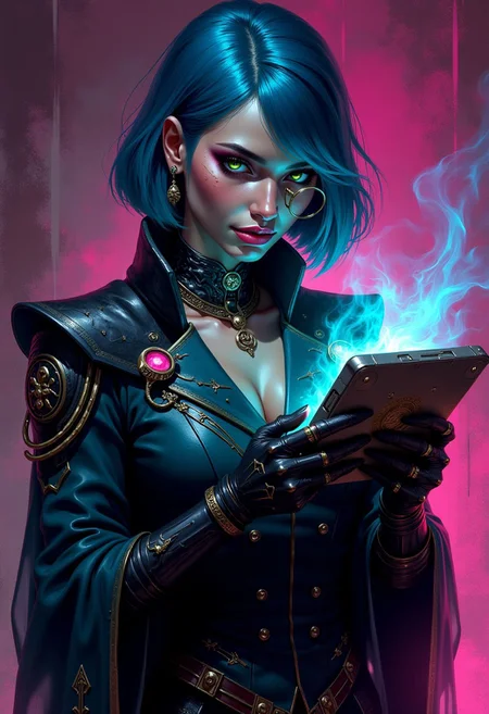 Full body Contemporary witch military, mechanic implantes holding a Arcane tablet with two hands Illustrate body eletric russian woman, eye liner, earring, necklace, mature confident, assymetrical a-bob neon blue hair, Green eyes, neon pink lipstick, using a monocle, large breasts, Oiled body, expression, in suggestive way, her fitted suit enhancing her, strong, captivating presence. Her gaze is intense and inviting, with a subtle, knowing smile that exudes. allowing her confident."