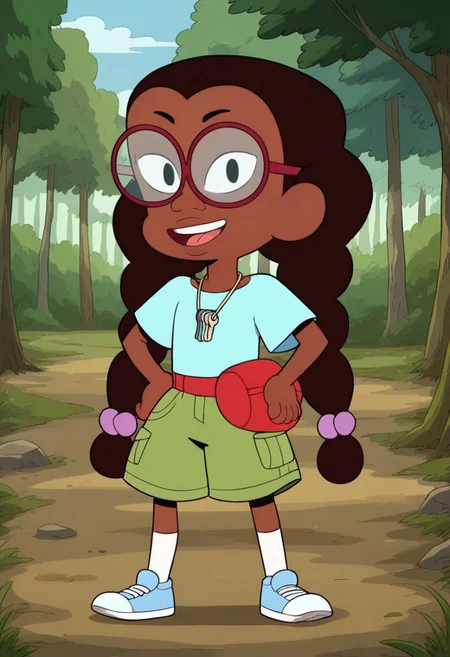 score_8, score_8_up, score_7_up, 1girl, female focus, Solo, Kit_Cotc, black eyes, glasses, brown skin, black eyebrows, dark brown hair, hair braided pigtails, light blue shirt, neck keychain, Green shorts, red fanny pack, White socks, light blue shoes, full body, smile, standing, outside, grass, forest, Sunny, Blue sky, looking at the viewer, happy, hands on hips