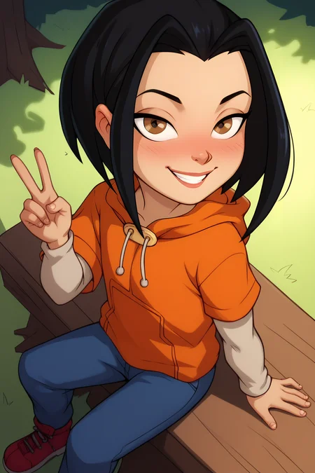 score_9, score_8_up, score_7_up, score_6_up, BREAK, JadeJCAPXL, colored skin, dark-skinned female, brown eyes, black hair, short hair, flat chest, hood down, orange hoodie, short sleeves hoodie, long sleeves, blue pants, red footwear, solo, sitting, above view, peace sign, seductive smile, looking at viewer, naughty face, nose blush, forest, tree <lora:JadeJCAPXL:1>