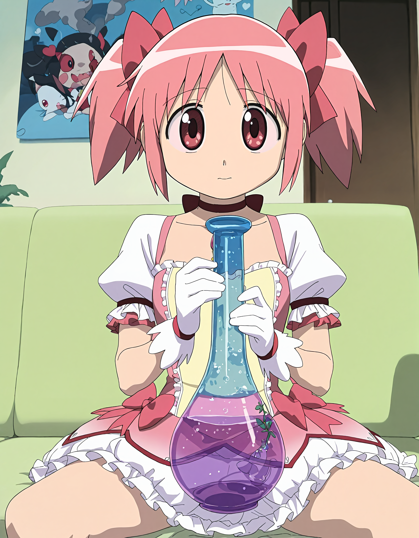 masterpiece, best quality, good quality, newest, highres, absurdres,<lora:Azumanga_style-000013:1>,azumanga_illu, style parody,anime screenshot,1girl,kaname madoka, solo, pink hair, twintail,holding_bong,water in bong, pink eyes,smoking_bong,cannabis,smoke,sitting,dizzy,red sclera, living room,  drugs, weed, choker, skirt, magical girl, puffy sleeves, short sleeves, looking at viewer, bow, short twintails,