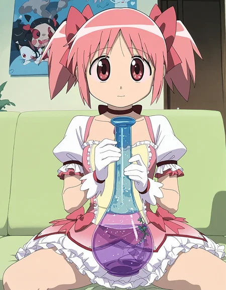 masterpiece, best quality, good quality, newest, highres, absurdres,<lora:Azumanga_style-000013:1>,azumanga_illu, style parody,anime screenshot,1girl,kaname madoka, solo, pink hair, twintail,holding_bong,water in bong, pink eyes,smoking_bong,cannabis,smoke,sitting,dizzy,red sclera, living room, drugs, weed, choker, skirt, magical girl, puffy sleeves, short sleeves, looking at viewer, bow, short twintails,