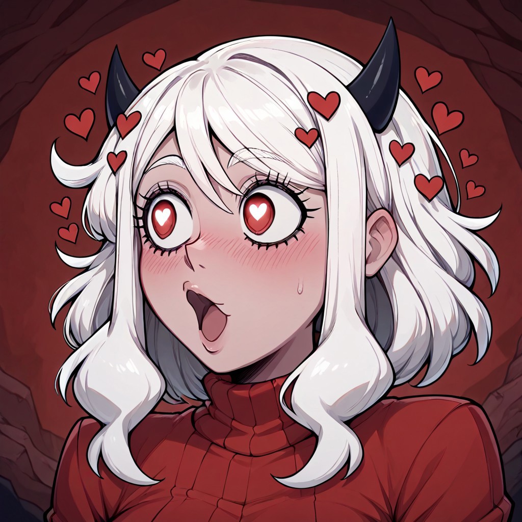 masterpiece, best quality, newest, absurdres, highres, anime, anime style, POG-V1.0IL, pogchamp (meme), meme, :o, 1girl, modeus (helltaker), white hair, horns, hearts, symbol shaped pupils, 
looking to the side,