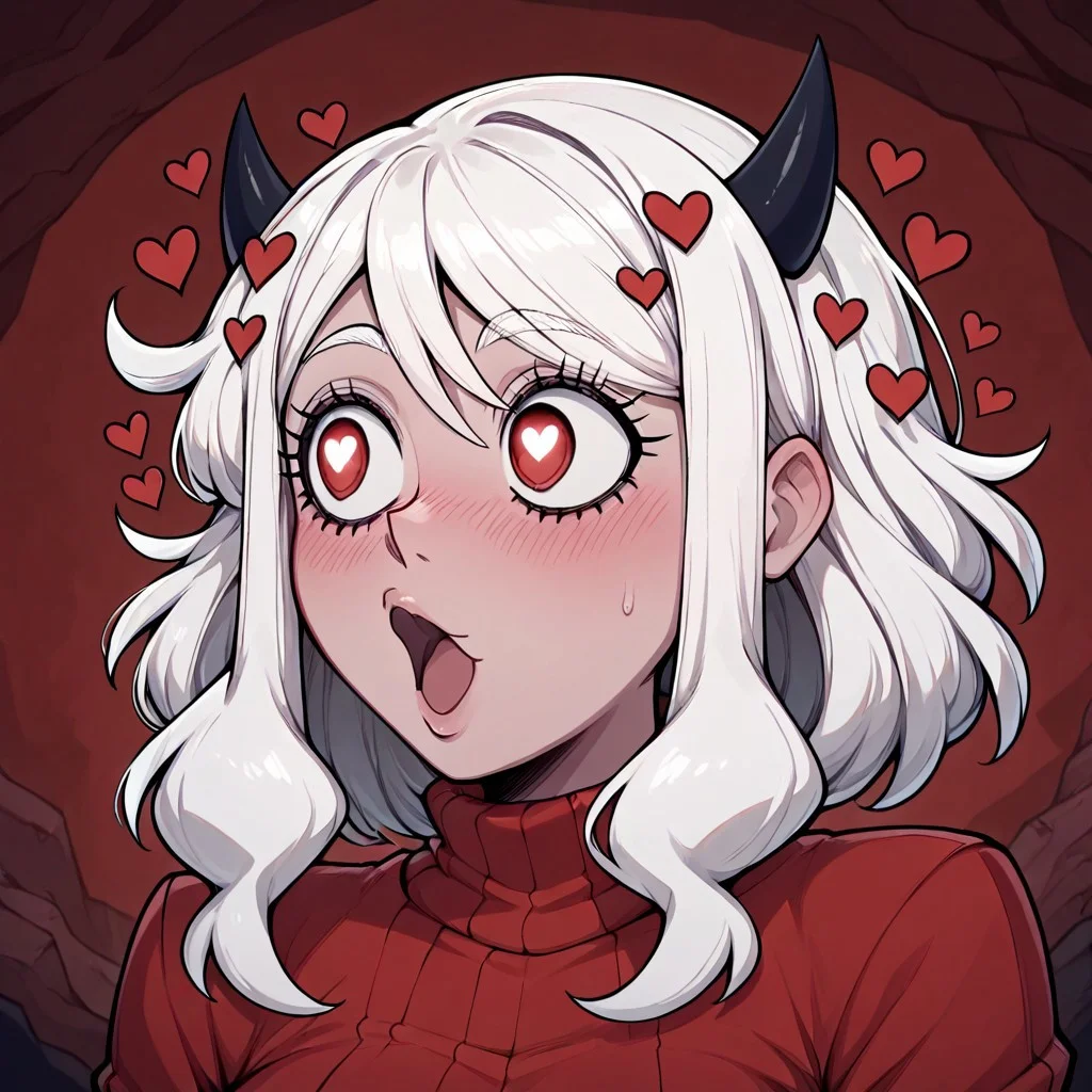 masterpiece, best quality, newest, absurdres, highres, anime, anime style, POG-V1.0IL, pogchamp (meme), meme, :o, 1girl, modeus (helltaker), white hair, horns, hearts, symbol shaped pupils, 
looking to the side,