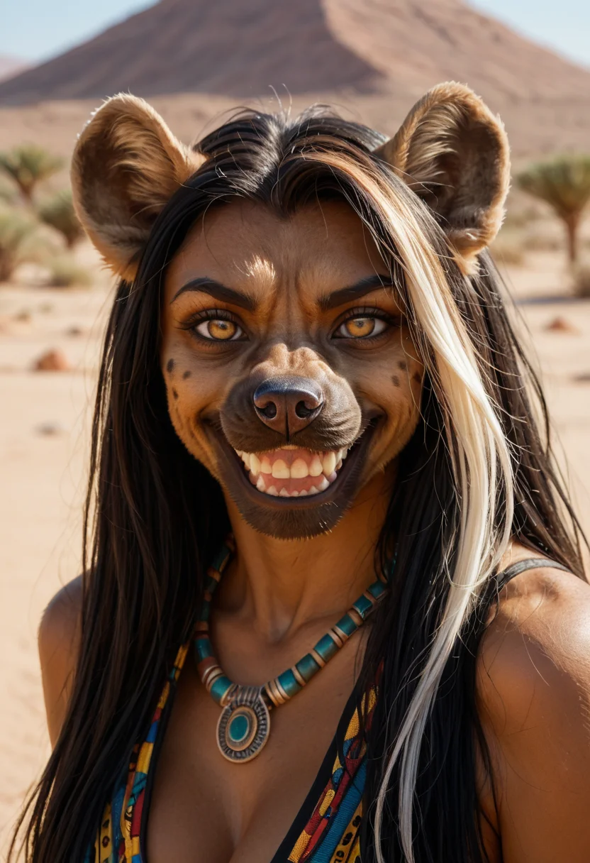 (masterpiece,best quality,score_9,score_8_up,score_7_up:1.2),photography shot with Canon EOS 5D Mark IV,DSLR,
beautiful, anthro, furry, female, detailed textured fur, hyena, large toothy grin, crazy expression, long hair, multicolored hair, streaked hair,heavy eye shadow, breasts, sadgravy, traditional african clothes, on desert, cinematic, film still
<lora:spo_sdxl_10ep_4k-data_lora_webui:0.7>, <lora:bigasp-PONY-V2:0.25>
