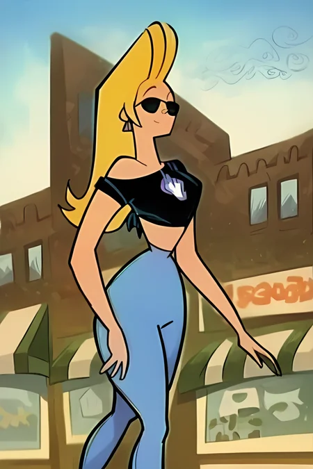 score_9, score_8_up, score_7_up, rating_safe, 
br4v0, 1girl, blonde hair, crop top, midriff, glasses, sunglasses, long hair, walking, street, outdoors, <lora:Johnny_Bravo_-_br4v0_pony_R0:1>