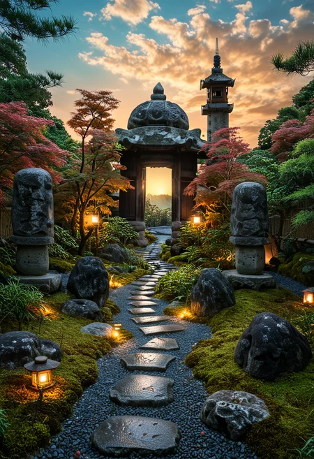d577:0.25, A realistic Japanese courtyard garden with moss-covered mounds,natural stones and neatly arranged stepping stones forming a winding path, wabi-sabi aesthetics, spatial layering, and material harmony, a pathway leading to a pagoda in a japanese garden at sunset with lanterns lit on the ground and trees in the background, sky trees and grass and trees and rocks and sunset and sunset is in backgrouds in background and sunset ' s, cinematic lighting, glossy paper, iso150, 35mm, score_9, score_8_up, score_7_up, intricate details, Hyperrealism style, 3d, concept-art, dreaminess, psychedelic, shallow-depth-of-field, cinematic lighting, soft bokeh, very beautiful composition, Unreal, real-time 3D, Epic Games style, Unreal Engine style, 3d-rendering, vibrant contrast depth and shadow enhanced using (Gaussian blur) for a soft background focus, (sharpen filter) applied, (color grading) to enhance contrast between warm and cool tones, (noise reduction) for a smooth, clean finish, (HDR toning) used for extra depth and detail, highly detailed dreamy background detailed skin texture, subsurface scattering award-winning, professional, highly detailed . dreamlike, mysterious, provocative, symbolic, intricate, detailed, hyper-detailed, masterpiece, award winning, midjourneyv6.1