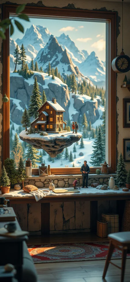 (indoor,very wide isometric view,tilt-shift lens:1.6), (windowless,fna_style,miniature,miniature,diorama,miniature,diorama,PVC,plastic:2),dawn snow,forest,resort with ski,mountain at (floating island,levitating island:1.5) on (table:2) at (attic:2.5) <lora:Diorama_Flux:1>
<lora:Fantasy_Novel_Art_Style:1>