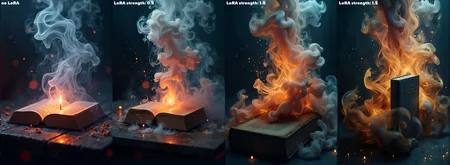 bv-smowormor. An ordinary object, such as a book, partially dissolving into smoky spirals, the solid structure gradually fading into smoke, with the transformation gently mixing with the flickering candlelight, creating a mysterious atmosphere) The scene is captured with a wide-angle shot, showcasing the grandeur of the scene, with the interplay of vibrant colors and smoky trails blending into the environment. The lighting is designed to create an enchanting, dreamlike glow with soft, diffused highlights accentuating the smoke transitions. The scene features glowing particles or embers floating gently in the air, mixing with the smoke to add a sense of fantasy and dynamism. The style is inspired by surrealism, using contrasting colors and sharp highlights to enhance the dreamlike quality of the smoke transformation.