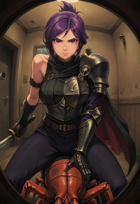best quality, masterpiece, sfw,
n0m0, (pov peephole:1.3), riding lobster, fisheye, artist: beksinski, traditional media, painting (medium),
close-up shot, view from aside,
solo, holding sword, dynamic fighting pose,
1girl,
sabia, human, purple hair, red eyes, folded ponytail,
armor, single shoulder armor, cape, single bare shoulder, clothed,
large breasts,
looking at viewer, closed mouth,
