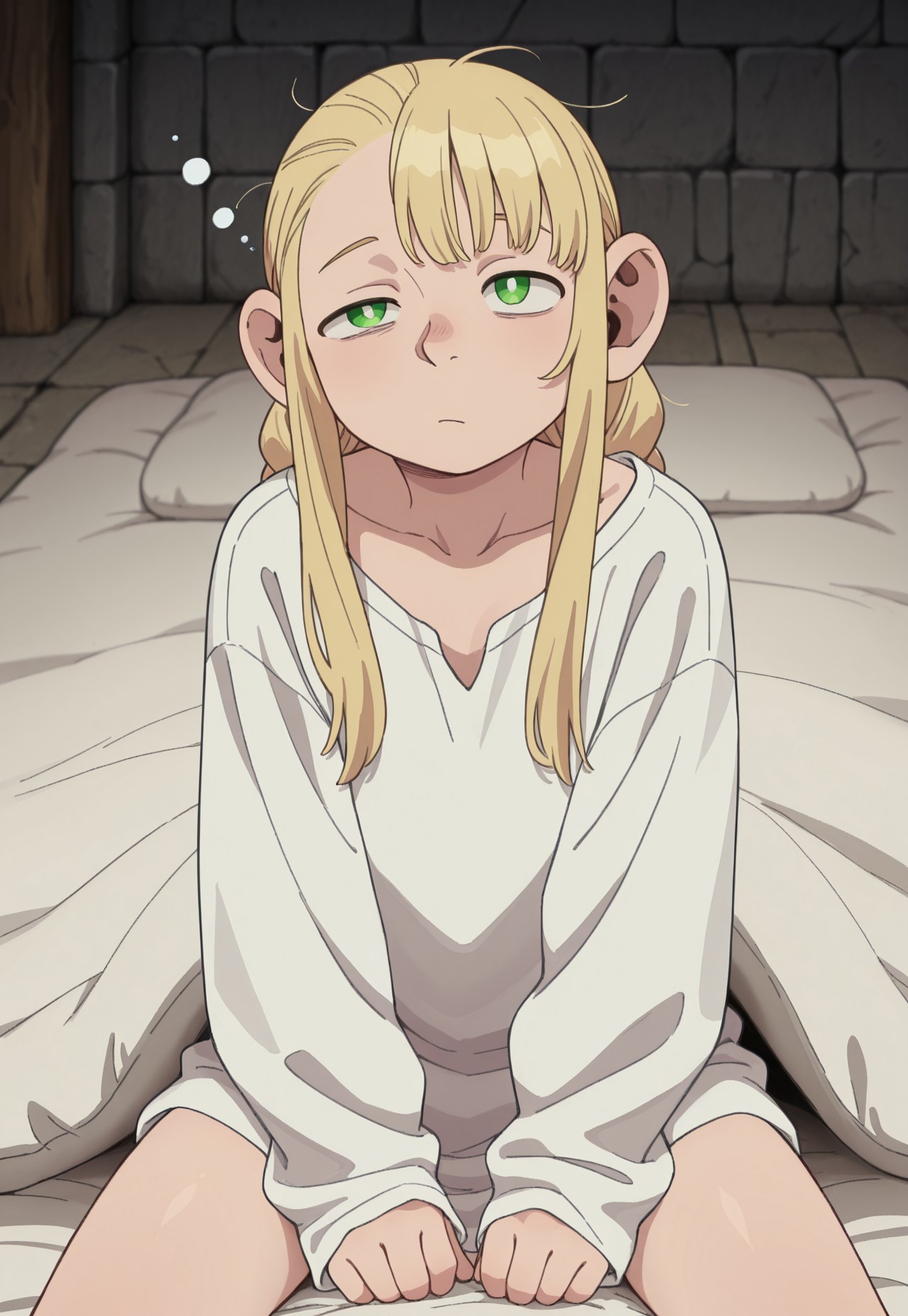 masterpiece, best quality, amazing quality, very aesthetic, absurdres, HalffootMarcille,1girl, solo, female focus, blonde hair, twin braids, green eyes, sitting, white oversized shirt, sleepy, sitting, under cover, futon, dungeon,