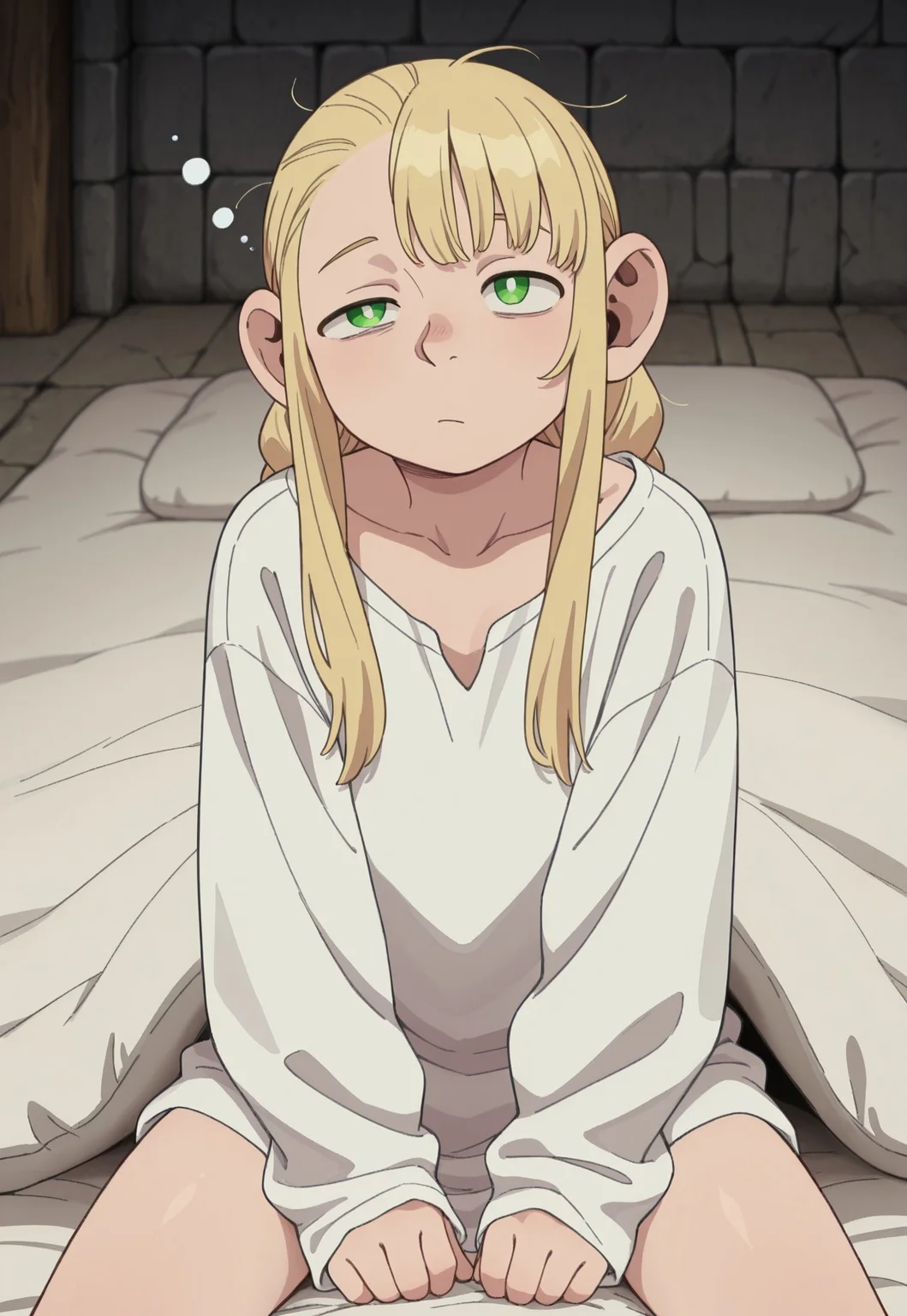 masterpiece, best quality, amazing quality, very aesthetic, absurdres, HalffootMarcille,1girl, solo, female focus, blonde hair, twin braids, green eyes, sitting, white oversized shirt, sleepy, sitting, under cover, futon, dungeon,