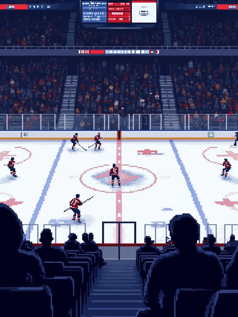 A pixel art illustration of a hockey game. Ice-level seats, view from behind the glass.<lora:General Flux\pixel-art-rooms.safetensors:0.9:1.0>