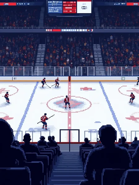 A pixel art illustration of a hockey game. Ice-level seats, view from behind the glass.<lora:General Flux\pixel-art-rooms.safetensors:0.9:1.0>