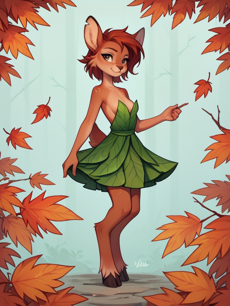 score_9, score_8_up, female, solo, full body, digital art, highly detailed, <lora:Elora_the_Fawn v3:0.75> etfawn, red and orange leaves, leaf dress, strapless dress, sideboob, cleavage, small breasts, nipple slip,