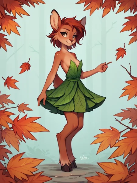 score_9, score_8_up, female, solo, full body, digital art, highly detailed, <lora:Elora_the_Fawn v3:0.75> etfawn, red and orange leaves, leaf dress, strapless dress, sideboob, cleavage, small breasts, nipple slip,