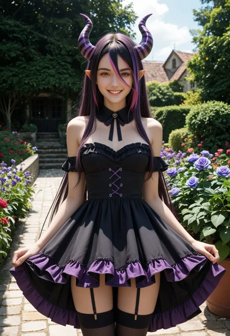 score_9_up, score_8_up, score_7_up, score_6_up, 1girl, 25 years old, perfect face, (adult), sexy,
demon girl, demon horns, huge horns, striped horns, black horns, purple horns,
pointy ears, multicolored hair, streaked hair, (purple hair), black hair, long hair, very long hair, hair between eyes,
detached collar, black bow, black dress, frilled dress, frills, black thighhighs,
garden, purple roses,
smile,
standing, cowboy shot, watson cross,