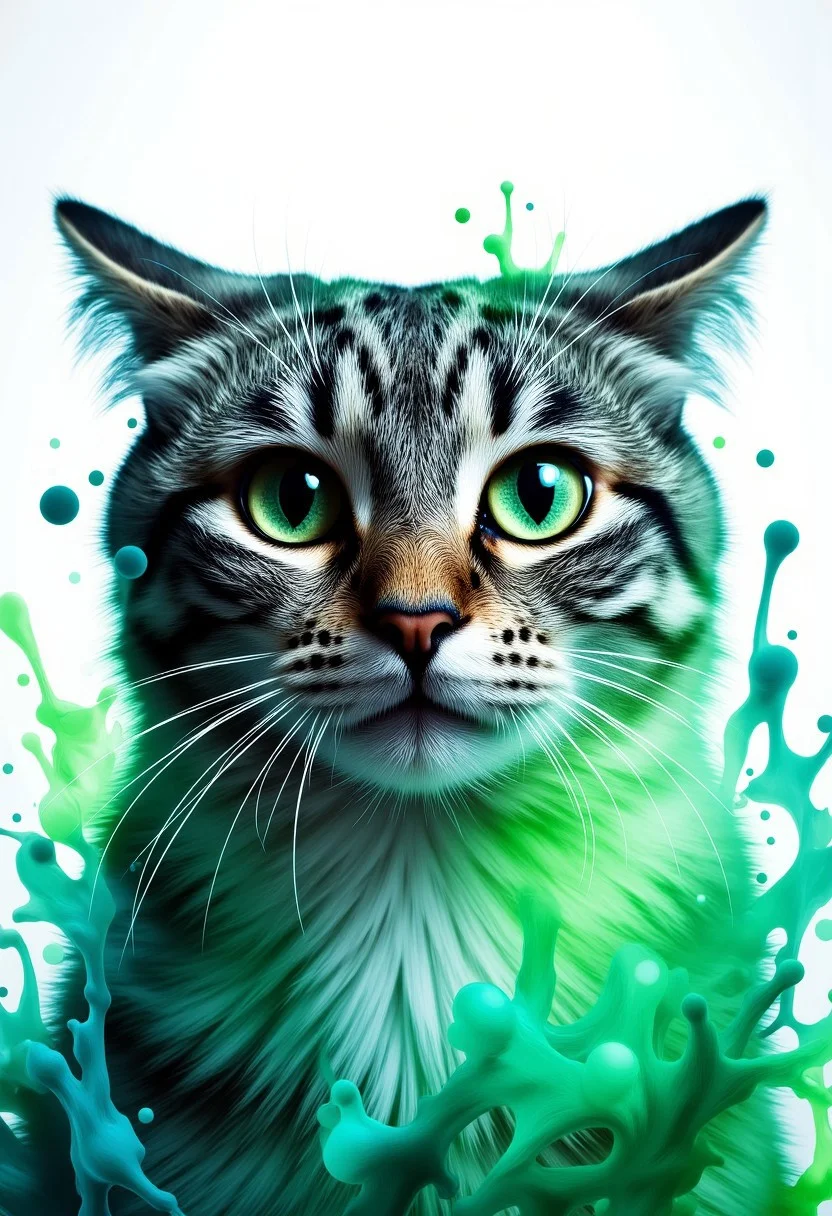 A photo of a cat with airplane ears, set against a background of swirling, vibrant ink splats in neon greens and blues. The close-up portrait emphasizes the cat's alert expression, with ink splats merging into the fur, creating a striking, modern visual.