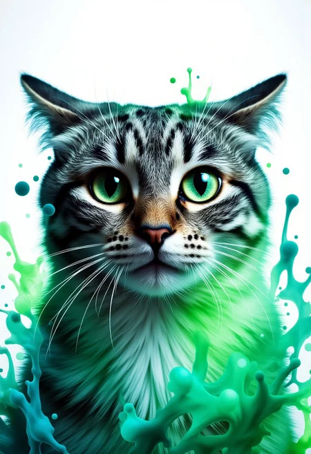 A photo of a cat with airplane ears, set against a background of swirling, vibrant ink splats in neon greens and blues. The close-up portrait emphasizes the cat's alert expression, with ink splats merging into the fur, creating a striking, modern visual.
