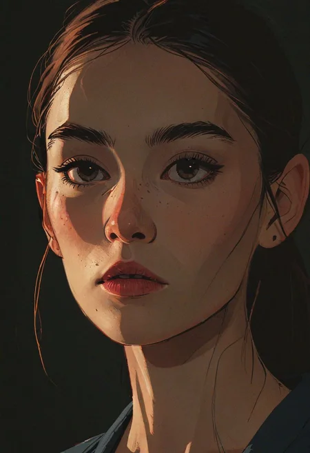 impactful paint of a young swedish woman, from the side, looking at viewer, serene satiated expression, natural rim lighting, vibrant colors, reflections in eyes, <lora:The_Pulp_Session:0.8>,