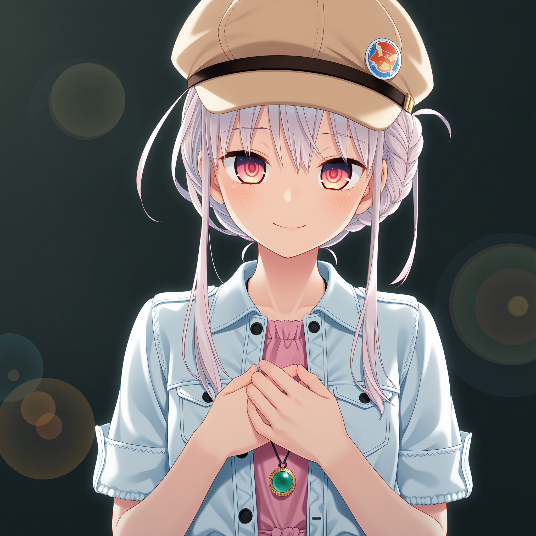 <lora:Kotoyose_Fumino_1_nai-000022:1>,Kotoyose Fumino,
short hair with long locks,single hair bun,braid,
cabbie hat,brown headwear,
jewelry,necklace,short sleeves,pink dress,bomber jacket,white jacket,collared jacket,
BREAK
1girl,solo,smile,own hands together,hands on own chest,looking at viewer,depth of field,lens_flare,front view,simple background,dark,face_focus,upper body,bust,