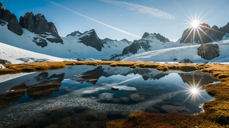 A cinematic scenic photography of the view On a remote alpine tarn rimmed by glacially polished granite slabs. At winter midday, bright sun reflects on crystalline ice, crisp shadows carve every fissure, and swirling vapor drifts from hidden springs. ,, masterpiece, best quality, amazing quality, very aesthetic, high resolution, ultra-detailed, absurdres, scenery, film grain, HDR, 8K, high contrast, realistic, cosplay, muted lithing, sharp focus, (chromatic aberration), fine details,