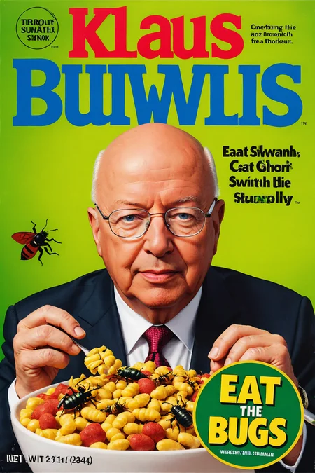 klaus schwab, "klaus schwab" eat the bugs, <lora:cereal_box_sdxl_v1:0.7>