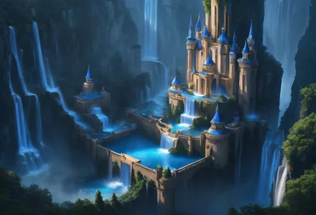 a floating castle in the air, a waterfall flows from the castle to the ground, epic composition, detailed, parts of the castle are made of deep blue crystal, intricate,