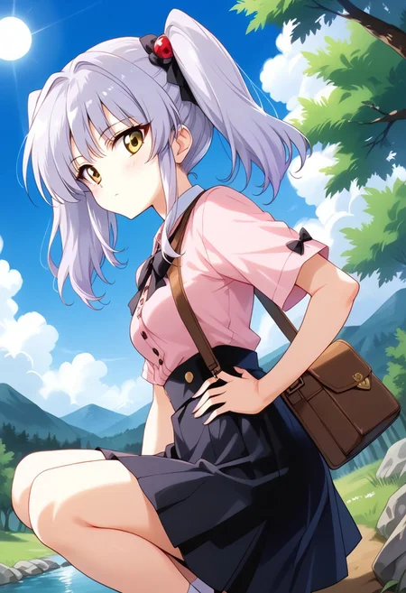 score_9, score_8_up, score_7_up, score_6_up, score_5_up, score_4_up, epic-Ultra-HD-details, epic-Ultra-HD-highlights, 2.5D-upscaled-resolution, source_anime, digital-quality, semi-realism, physically-realistic, lit, cutesie,
afrobullstyle,
BREAK source_anime, anime, best quality, masterpiece, rating_safe, uncensored, High quality, 8k, Ultra,
BREAK (outdoors,Forest, trees, river, rocks, mountains, blue sky, sun, cumulonimbus clouds),
BREAK 1girl, hoshino ruri,yellow eyes,silver hair,1990s_(style),retro artstyle,
irai kei, bow, bag,pink shirt,black skirt,
BREAK ((cowboy shot)),(squatting),(from below),(((from side))),
busty breasts,(small breasts:1.2),
looking at viewer,hand in own hip,Blush,