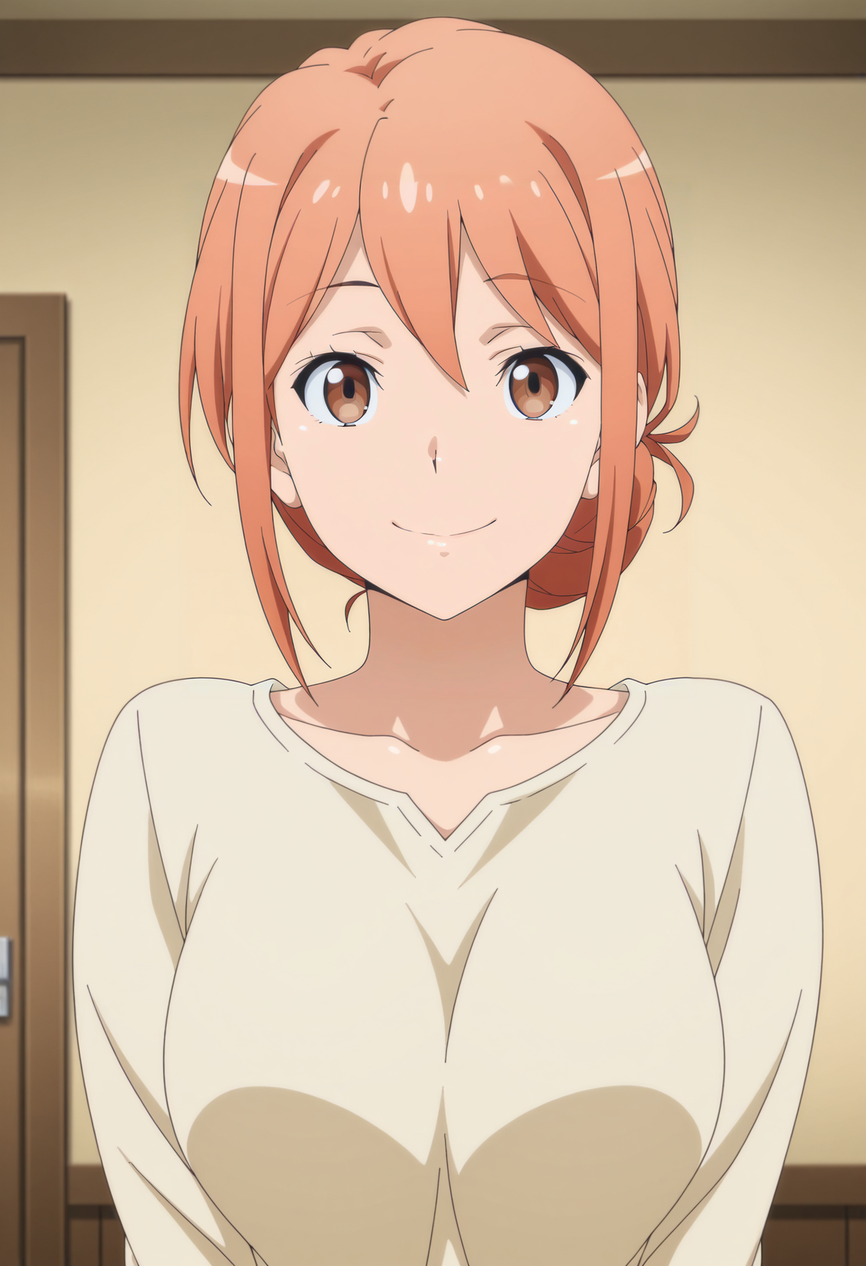 1girl,solo,mm,mature female,hair bun,orange hair,brown eyes,anime coloring, 
shirt,upper body, looking at viewer, smile,indoors
,masterpiece,best quality,amazing quality,<lora:Mother_Yuigahama-Yahari_Ore_no_Seishun_Love_Comedy_wa_Machigatteiru:0.8>