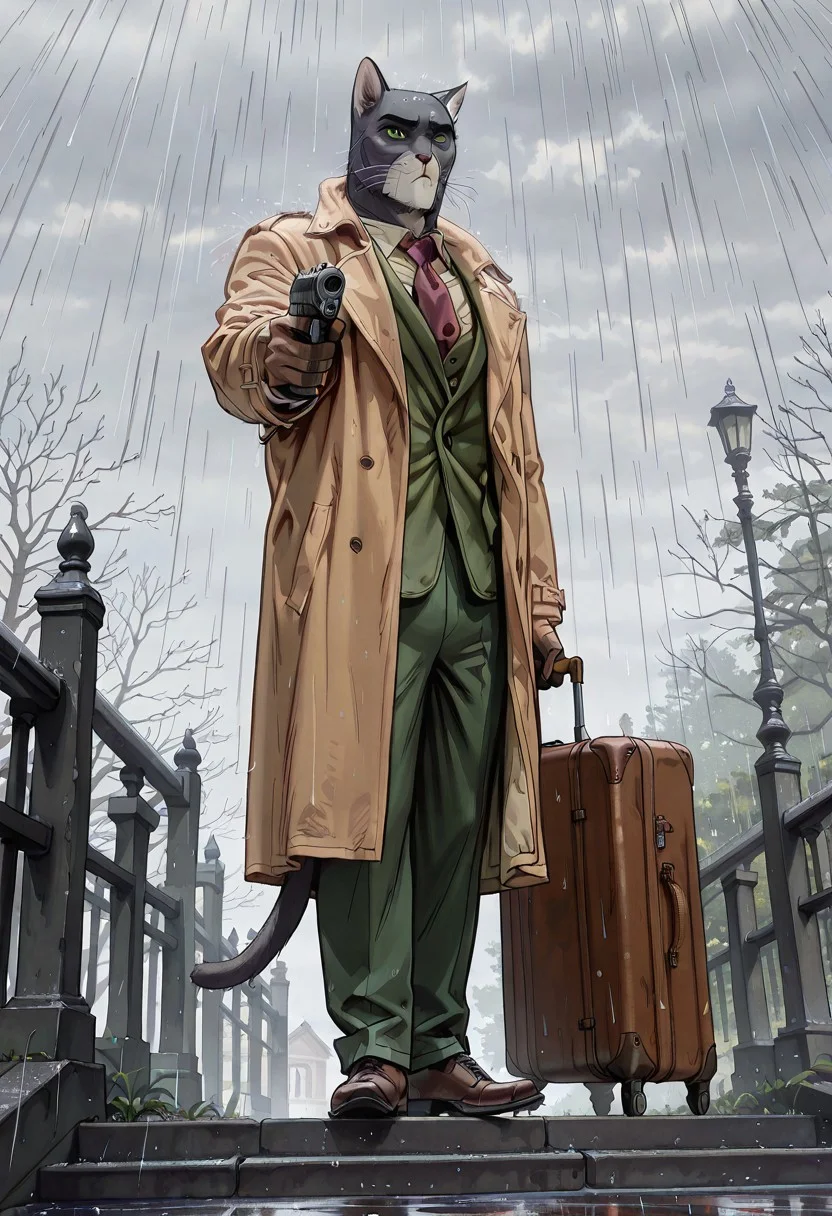 masterpiece, best quality, high quality, detailed,
mature male, anthro, (John Blacksad), male, furry, Cat, cat tail, black fur, cat whiskers, white spot on lower face, green sclera, animal ears, broad shoulders,
BREAK
brown trench coat, green suit pants, brown leather shoes, brown leather gloves, full body view,
BREAK
stairs, suitcase, railing, holding pistol, aiming pistol, m1911a1, handgun,
outside, graveyard, grey skies, overcast, rain, heavy rain, wind flowing, coat flowing in wind, front view, low angle view, from afar, horror, dramatic, cinematic, heavy shadows, detailed background,
<lora:John_Blacksad_Blacksad_Illustrious:0.9>, <lora:noobaiXLNAIXL_epsilonPred11Version-lora:0.2>,