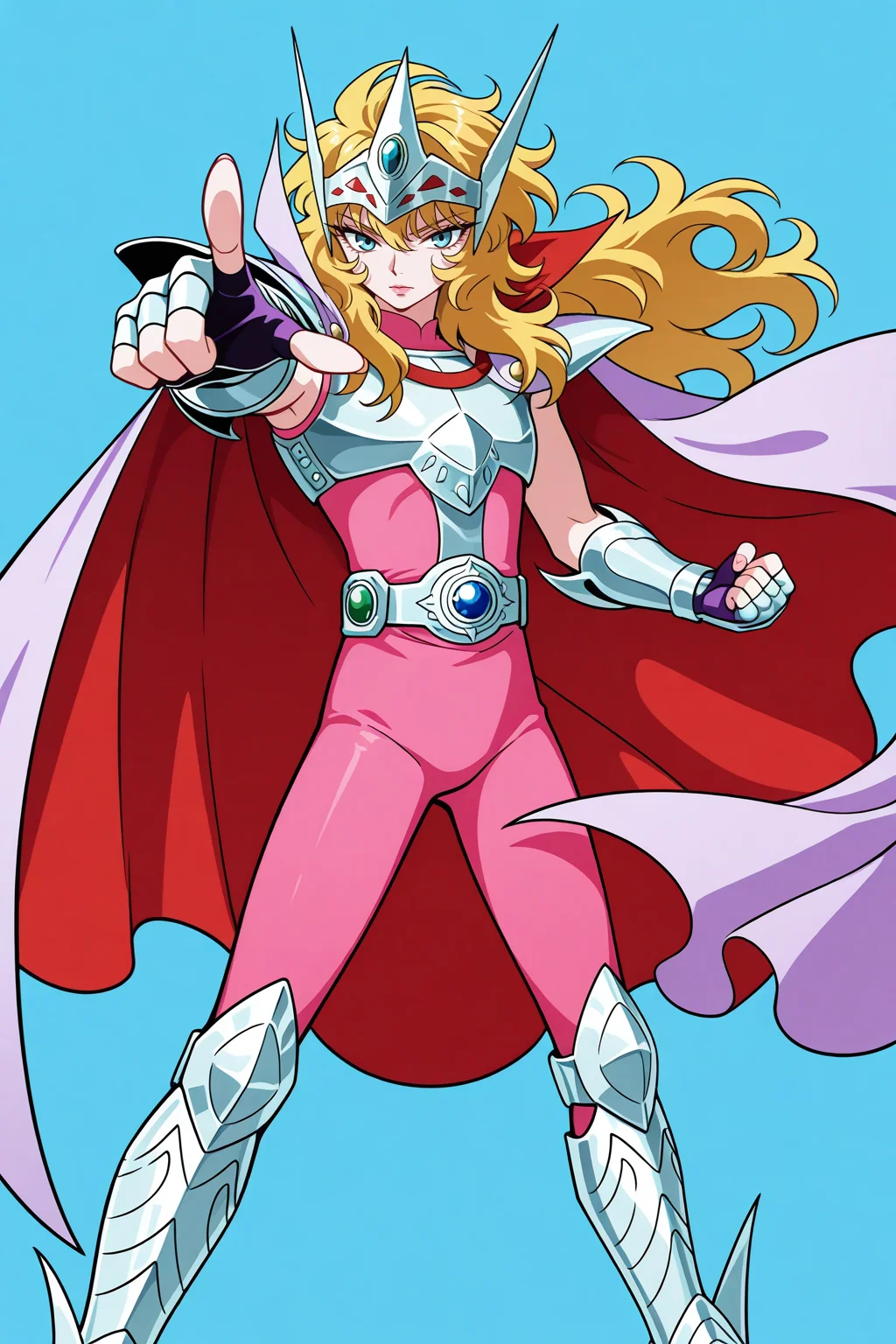 masterpiece, best quality, amazing quality, very aesthetic, absurdres, newest,SS_MIS, 1boy, tsurime, male focus, blue eyes, light pink lipstick, blonde hair, wavy hair, long hair, circlet, (white-violet cape, red inner cape, high collar), silver pauldrons, silver breastplate, silver fingerless gauntlets, sleeveless pink bodysuit, belt, belt buckle, silver greaves, pointing at viewer, simple background, blue background, aerokinesis, vortex, clenched hand