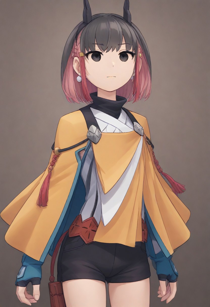 score_4,score_5,score_6,score_7_up,score_8_up,score_9
JSK Studio,Multi view
(masterpiece,best quality,ultra detailed,highres,HD,4k:1.2)),
jyuukyuu, flat color, deformed, deformed characters, round face,
mob face,black eyes, eyes filled with black,
Kirin,multicolored hair,short hair,black hair,pink hair,tattoo,sidelocks,head gear,
yellow cape,yellow top,white shirt,fingerless gloves,shorts,black shorts,jewelry,earrings,