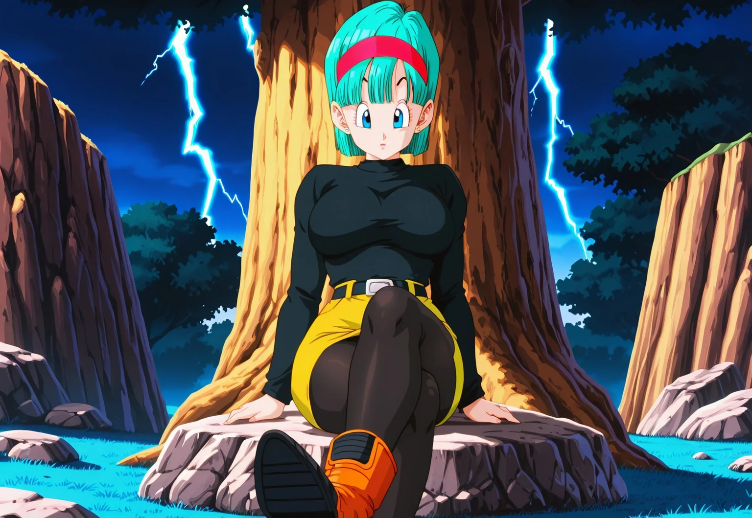 masterpiece, best quality, newest, absurdres, very aesthetic, (1girl, solo, cowboy shot, anime coloring, cinematic lightning,.,bulma, short hair, blue eyes, bangs, stud earrings, aqua hair,  red hairband, eyelashes,  mature female, large breasts, anime screencap,  sitting, bangs, stud earrings, ankle boots, aqua hair, rock, red hairband, black undershirt, black legwear, belt, eyelashes, blue grass, long sleeves, crossed legs, miniskirt, rock, orange footwear, raised eyebrows,  two tone footwear, shoe soles, yellow skirt, pantyhose,   ),Sitting on a big tree,grabbing Owen breasts,deep breasts grab
