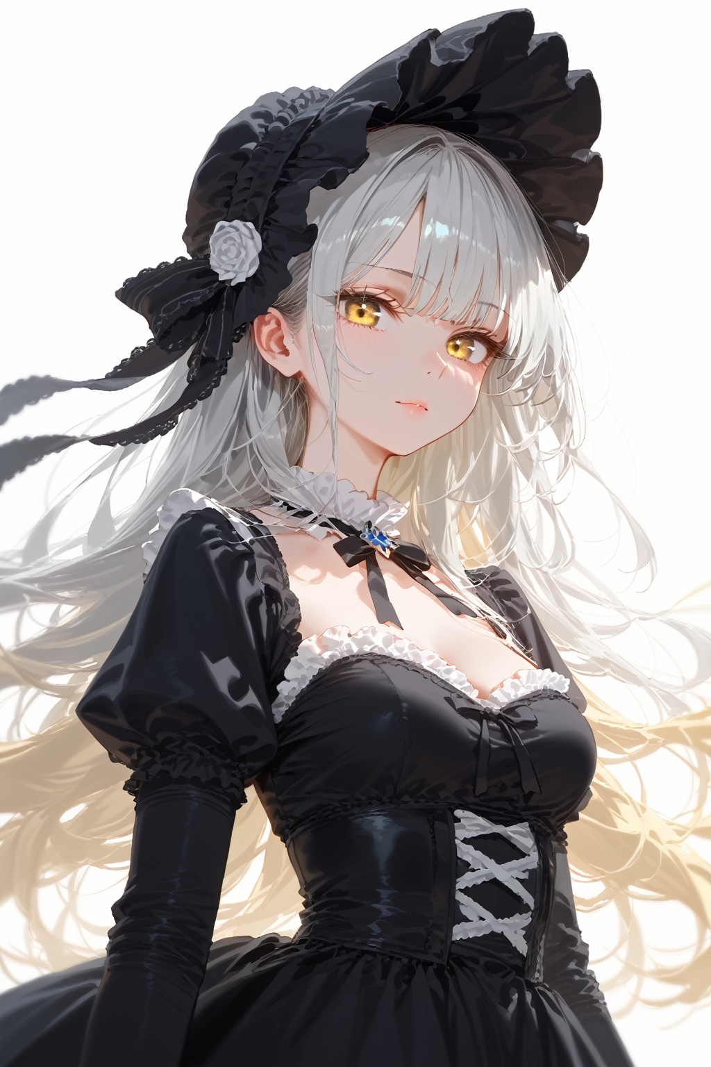 (score_9,score_8_up,score_7_up),masterpiece,best quality,cowboy shot,1girl,solo,looking at viewer,shiny,shiny skin,abyssal_ship,black_hair,bonnet,dated,dress,frills,glowing,gothic_lolita,horns,isolated_island_oni,lolita_fashion,silver hair,long_hair,very_long_hair,blonde eyes,simple_background,<lora:AIã¤ã©ã¹ããããã:0.4>,<lora:Nai:0.8>,