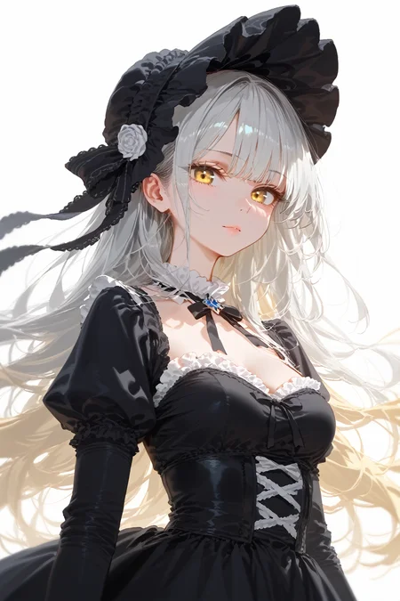 (score_9,score_8_up,score_7_up),masterpiece,best quality,cowboy shot,1girl,solo,looking at viewer,shiny,shiny skin,abyssal_ship,black_hair,bonnet,dated,dress,frills,glowing,gothic_lolita,horns,isolated_island_oni,lolita_fashion,silver hair,long_hair,very_long_hair,blonde eyes,simple_background,<lora:AIã¤ã©ã¹ããããã:0.4>,<lora:Nai:0.8>,