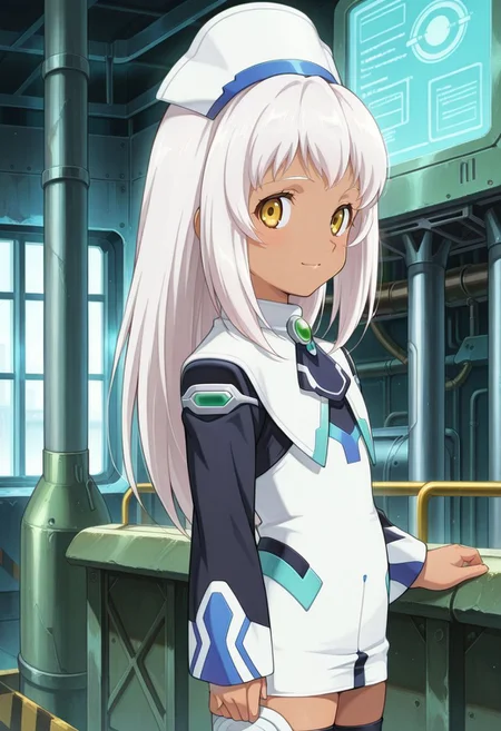 detailed eyes, beautiful, detailed background, perfect eyes,
source_anime, very aesthetic, anime coloring, masterpiece, official art,
<lora:HandFineTuning_XL:1>
BREAK,
sci-fi environment, factory,
cowboy shot, flat chest, blush,
from side, looking at viewer, eyes closed, light smile,
BREAK,
<lora:momo100Series_illustriousXL_v02:0.9>
x1ks, yellow eyes, white hair, long hair, sidelocks, white headwear, dark-skinned female,
short dress, white dress, long sleeves,
white thigh boots,