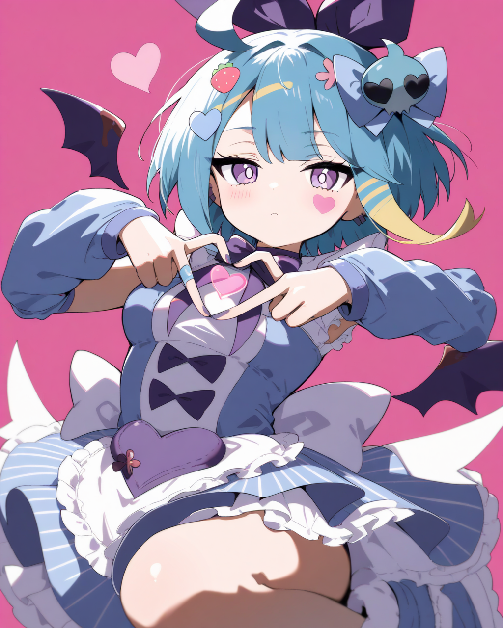 1girl,
LiveTwinLil-laYu-Gi-Oh,
safe, solo, perspective, dynamic angle, upper body, 
hair bow, purple bow,
skull hair ornament, hair flower, strawberry hair ornament,
heart hair ornament,
looking at viewer,
idol, pose, leg up, heart hands,
neck ribbon, purple bowtie,
blue dress, sleeveless dress, breasts,
arm warmers,
(mini wings),
dress bow, 
frills, 
pink theme, simple background, 
depth of field,
<lora:kp_LiveTwinLil-laSweetYu-Gi-OhAnimagineXL_v1_1:1.0>,
masterpiece, high score, great score, absurdres