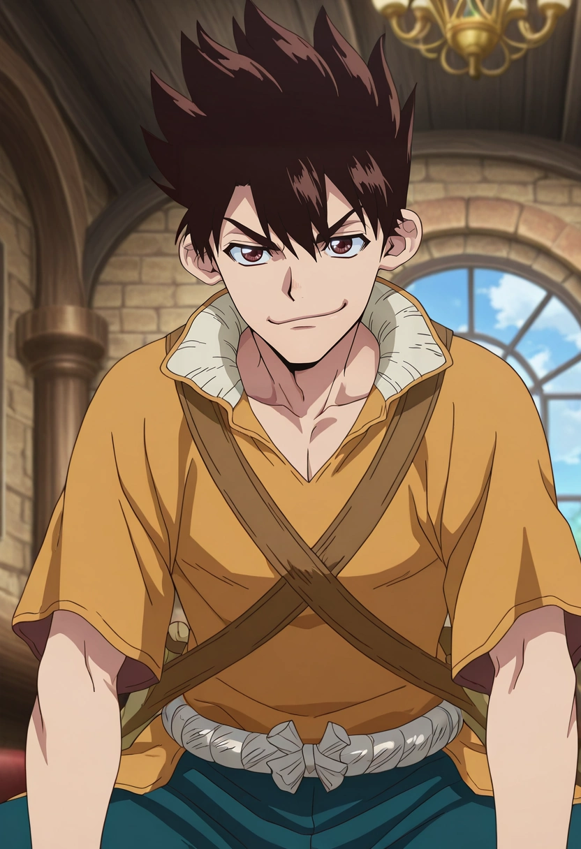 masterpiece, best quality, , anime screencap, anime coloring, official style, , 1boy, solo, male focus, <lora:chrome_dr_stone_ilxl:0.98>, chrome_dr_stone, brown hair, brown eyes, short hair, spiked hair, , asymmetrical, disneyland, indoors, slouching, smirk, ranger costume