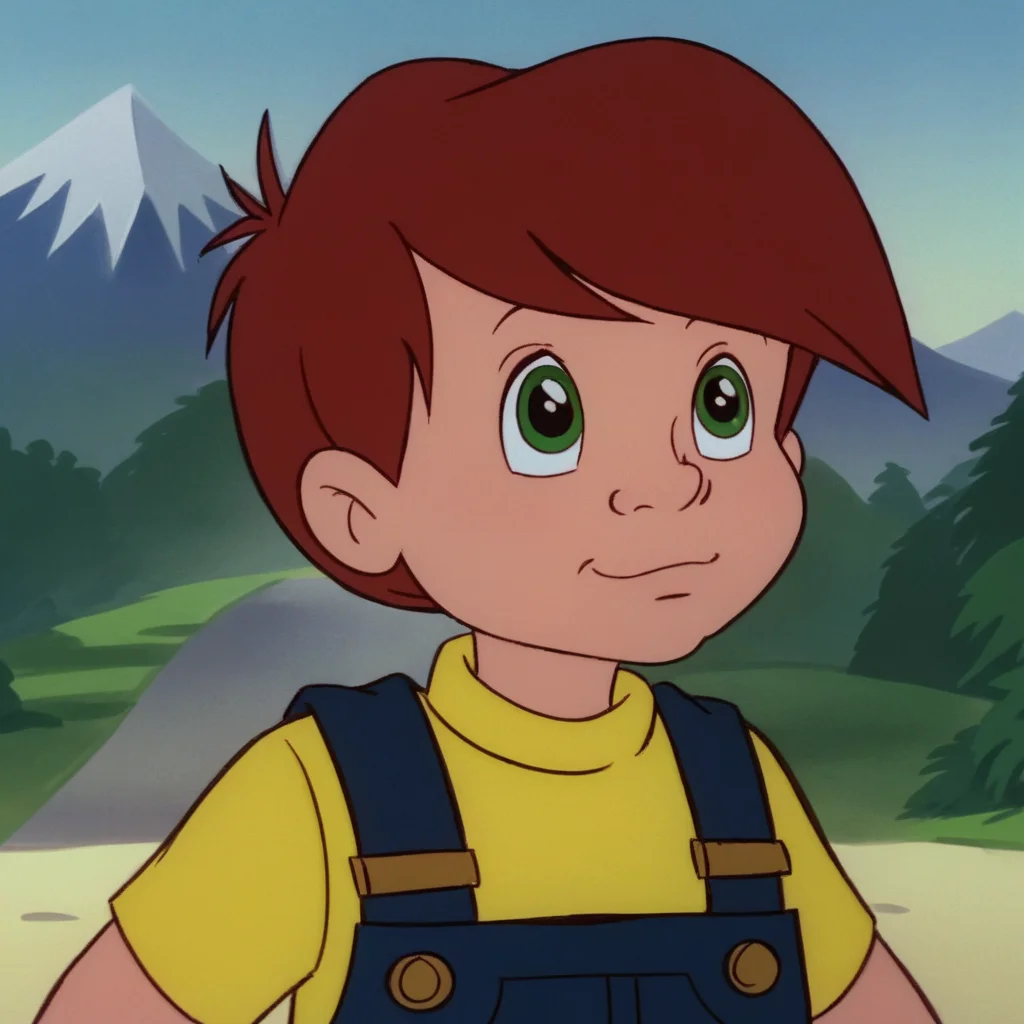 score_9_up, score_8_up, BREAK, JasonCBM, solo, overalls, brown hair, human, green eyes, yellow shirt, accurate, 1boy, male focus, male child, (facial view), mountain background, <lora:Jason_The_Care_Bears_Movie:1>
