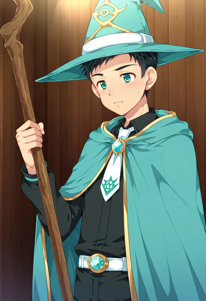 yuto_umemura, black hair, short hair, mint green eyes, teen, young male, 1boy, solo, male focus, large blue wizard hat with white band, long blue cloak with jagged dark yellow trim, black shirt and white tie, tall wooden staff topped with a diamond, perfect hands, perfect eyes, highly detailed, cinematic style, dramatic lighting, detailed draw, detailed eyes, high quality, best quality, high definition