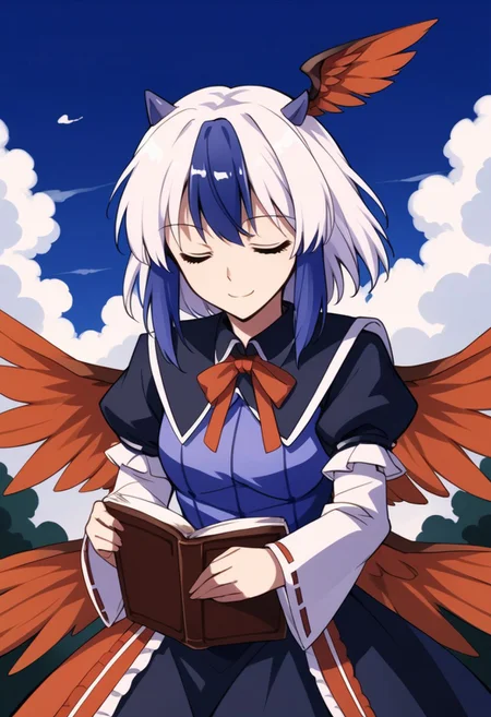 score_9, score_8_up, score_7_up, source_anime, TOKIKO (TOUHOU), TOKIKO REGULAR WEAR, smile, short hair, multiple girls, black hair, bow, 2girls, blue hair, closed eyes, white hair, hair bow, multicolored hair, detached sleeves, wings, horns, two-tone hair, book, parody, hair tubes, head wings, style parody, hakurei reimu, tokiko \(touhou\)