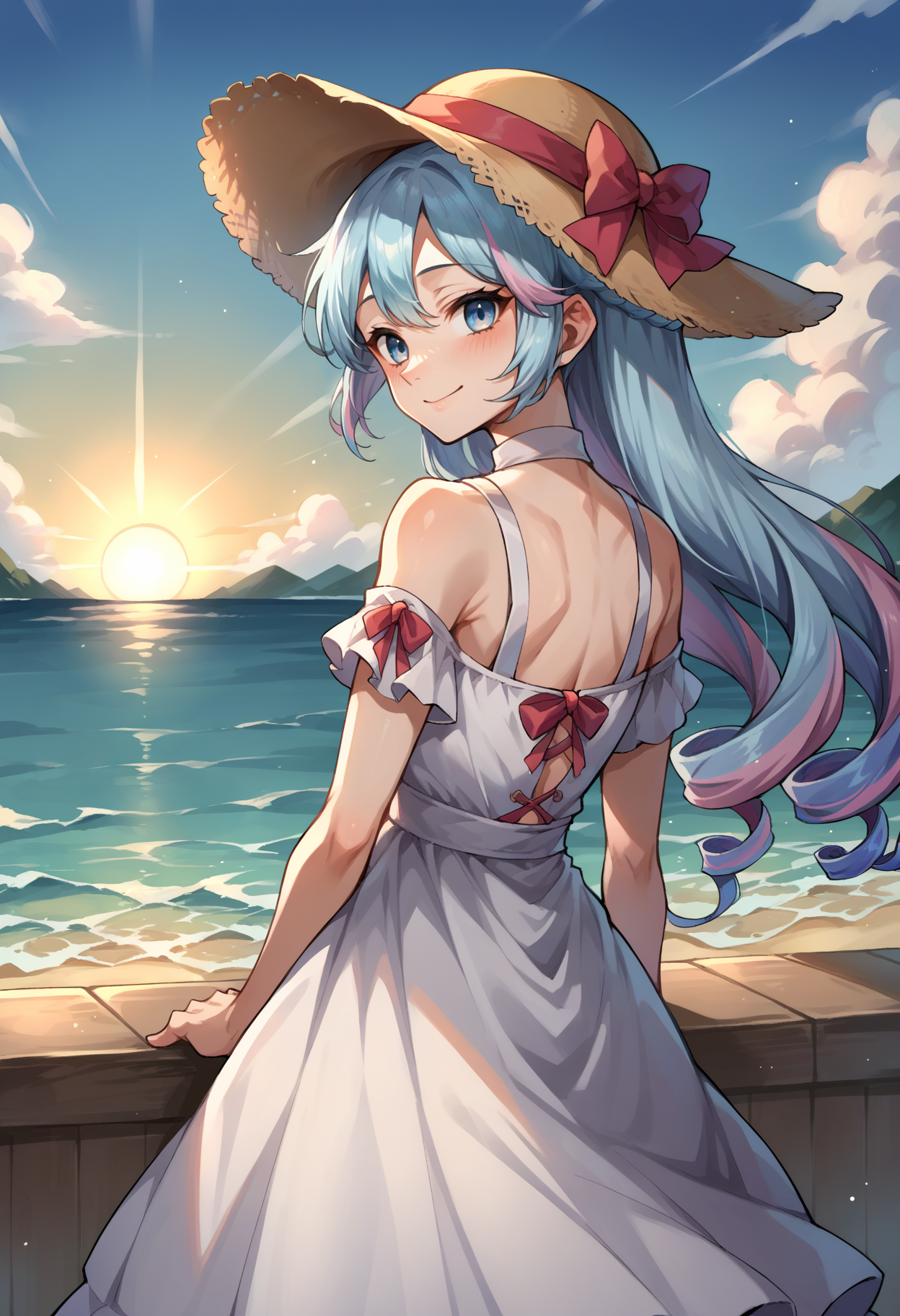 score_9, score_8_up,score_7_up, source_anime, 1boy, solo, otoko no ko, <lora:EPfeRosadoPony_epoch_6:0.9>, EPfeRosado, blue hair, multicolored hair,blue eyes, very long hair, pink hair, twin drills, drill hair, hair bun, cone hair bun, crossdressing, 
 smile, from behind, white dress, looking back, blush, arms behind back, bare shoulders, male focus, looking at viewer, hat, back, dress, sundress, outdoors, sun hat, sky, sunset, ocean, reflective water,