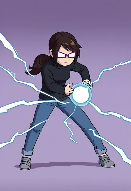 <lora:kamehameha charge stance:0.9> charge stance, kamehameha charge stance, energy ball, aura, electricity, 1girl,
Jenjenrose, GLASSES, NO PUPILS, OPAQUE GLASSES, Brown hair, ponytail,BLACK SWEATER, TURTLENECK,JEANS, GRAY SHOES,Simple art style