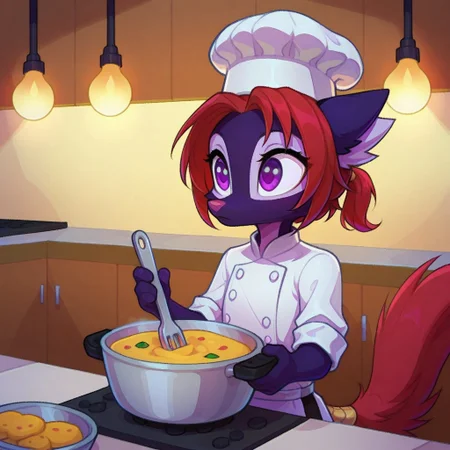 Dreamkeepers,Indi_and_Digo,1girl,solo,furry,tail,source_furry,,red hair,purple fur, purple eyes,
child, kid, vianling, genshin impact, cooking, chef hat, food