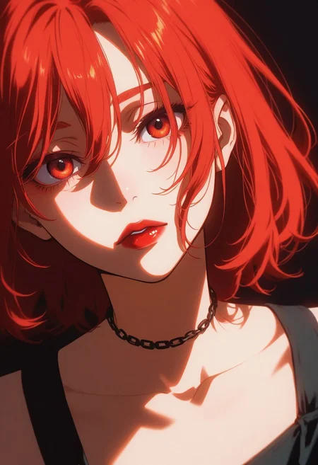 Image is a close-up, high-contrast photograph focusing on the lower half of a person's face. The subject has fair skin with a smooth texture, and the lips are prominently featured, coated in a glossy, vibrant red lipstick that reflects light. The lighting is dramatic, with a strong red hue casting over the entire image, creating a bold and intense atmosphere. A black chain is draped across the left side of the image, adding a contrasting texture and color to the composition. The overall style is edgy and artistic, emphasizing the interplay of light, color, and texture.